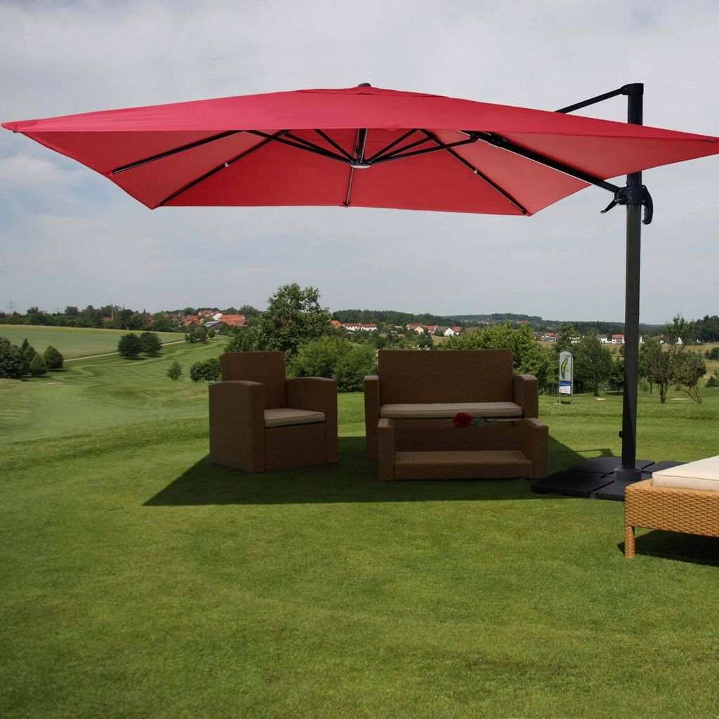 Gastronomie-Ampelschirm MCW-A96, Sonnenschirm 3x3m (Ø4,24m) Polyester Alu/Stahl 23kg rot mit Ständer, drehbar