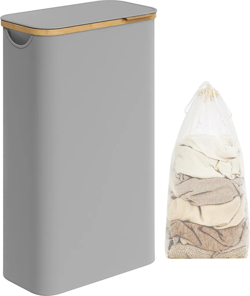Panier à linge 60 litres avec couvercle gris - Corbeille de tri moderne