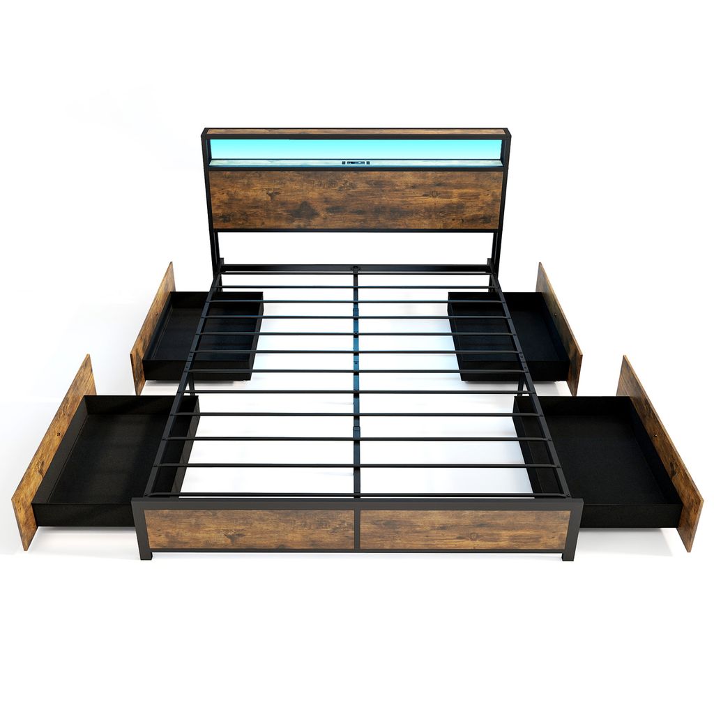 A bed frame with integrated LED lighting and storage drawers, shown from a top-down perspective against a white background.