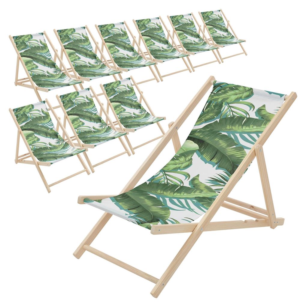 ECD Germany 10er Set Liegestuhl klappbar Tropical Grün-Weiß aus Holz Sonnenliege mit 3-Fach verstellbarer Rückenlehne Strandliege für Garten Ba...