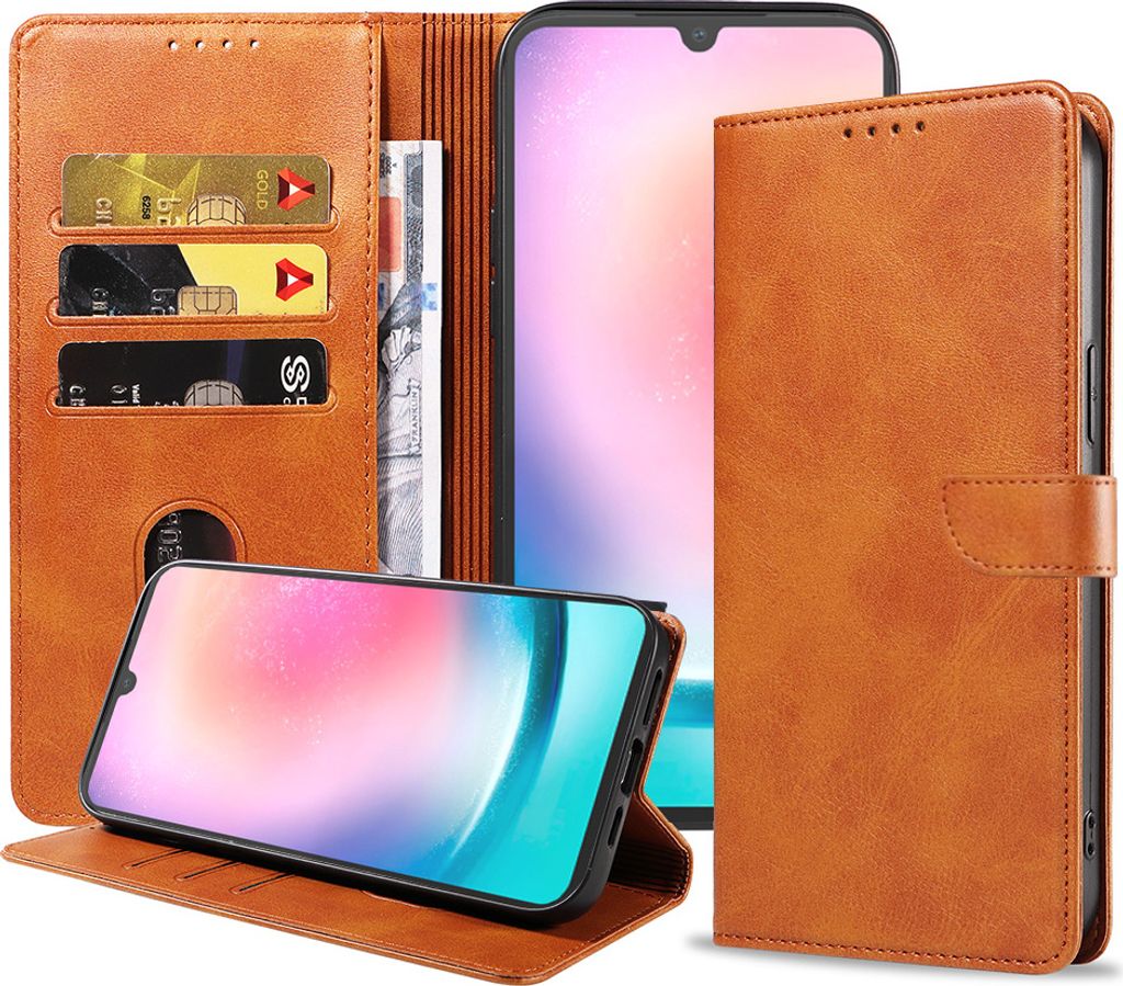 Geschikt voor Samsung Galaxy A24 4G Telefoonhoesje Kunstleer met Magnetisch lipje en Pasjeshouder Book Case met Klepje - Bruin - Smartphonica