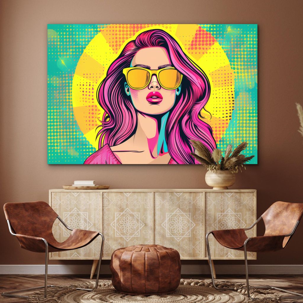 MuchoWow Wanddekoration Metall Metallbild Wandkunst 150x100 cm Sonnenbrille - Frau - Sonnig - Gelb MuchoWow Aluminium Gemälde - Alu Dibond Bild