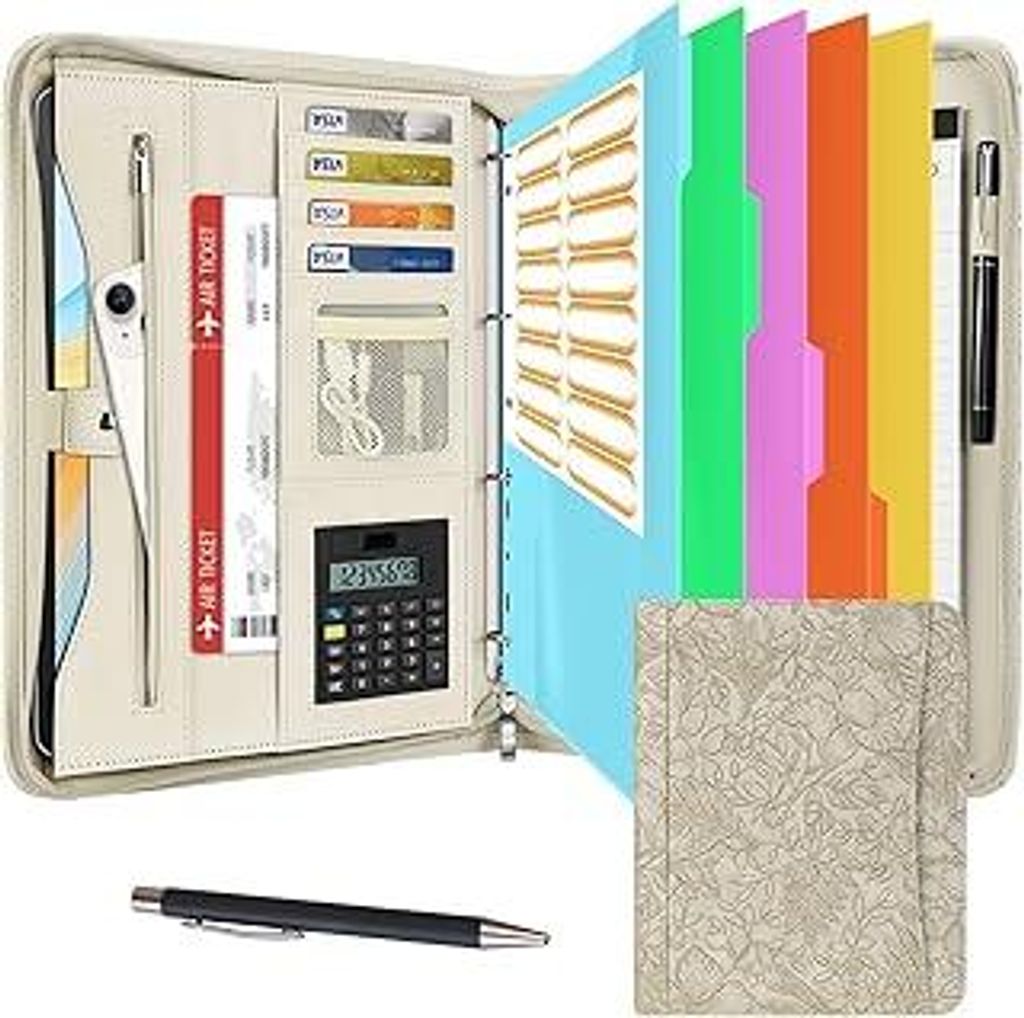 Leathario Schreibmappe A4 mit 5er Register DIN A4?Konferenzmappe mit 4 Ringbuch?Dokumentenmappe mit Reißverschluss, Klemmbrett,Blumenmuster,Ordner...