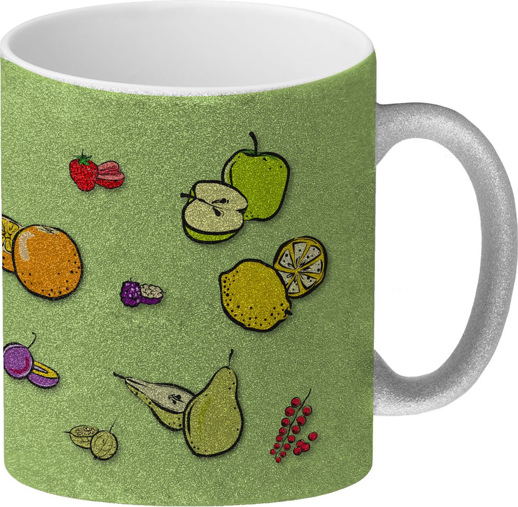 Glitzer-Kaffeebecher in grün zum Thema Obst mit verschiedenen Früchten