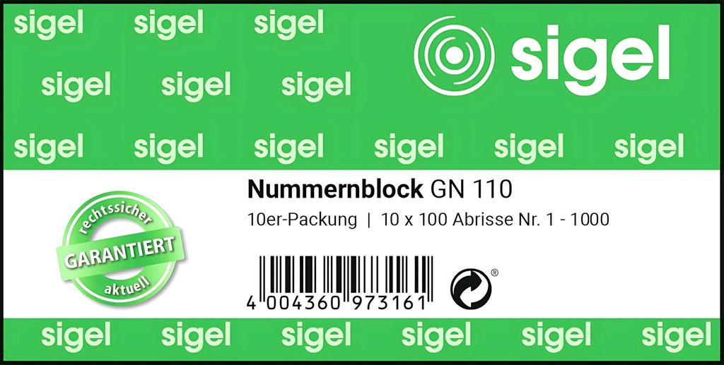 SIGEL GN110 Nummernblock, 10er-Pack, nummeriert 1-1000, Produktbild 
