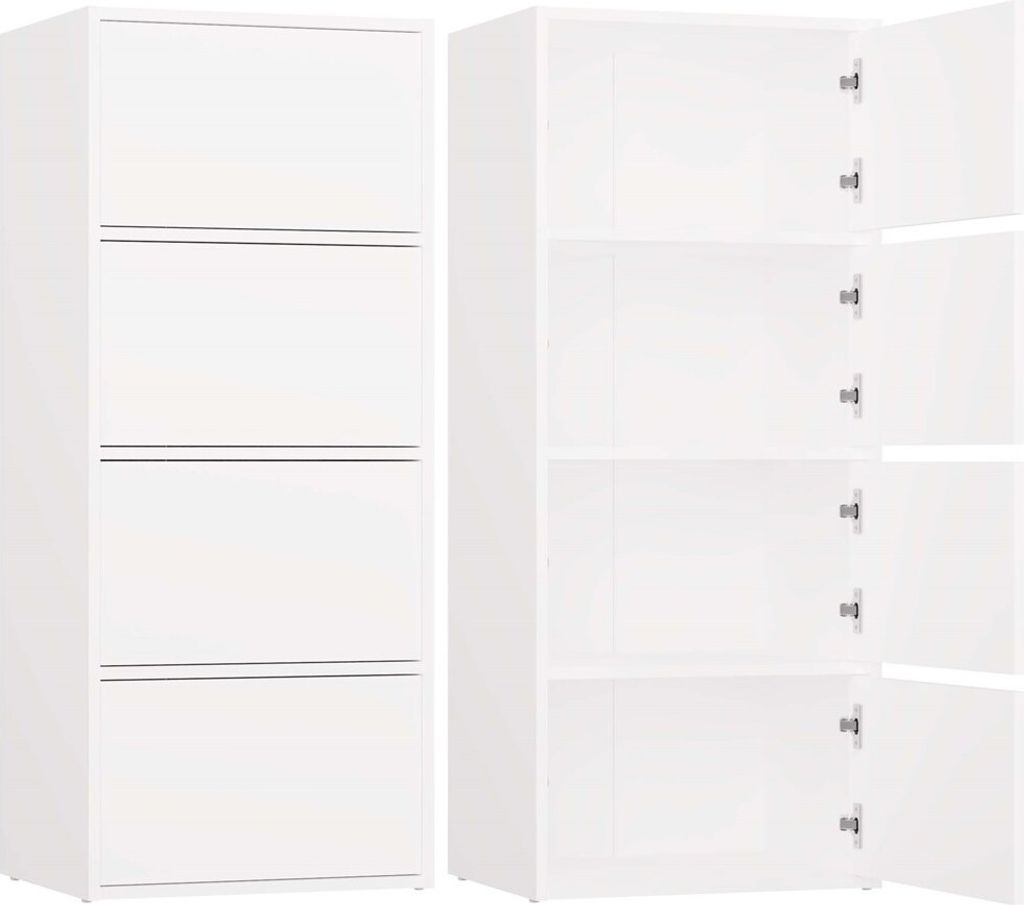 Two views of a white cabinet or dresser.