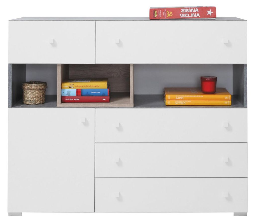 Masseno Kommode GALIA 110 cm Sideboard mit 5 Schubladen und 1 Türen für Wohnzimmer Schlafzimmer Modern 110x40x90 cm Weiß / Weiß
