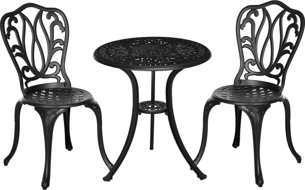 Outsunny Salon de Jardin Noir Table de Bistrot Ronde avec Trou Parasol