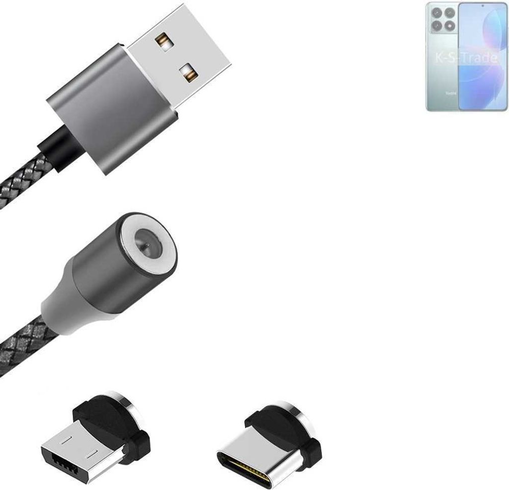 K-S-Trade Hochwertiges Magnet-Lade-kabel Sync-Kabel Daten-Kabel für Xiaomi Redmi K70 mit USB-Typ-C-Anschluss und Micro-USB-Anschluss 2A bis zu