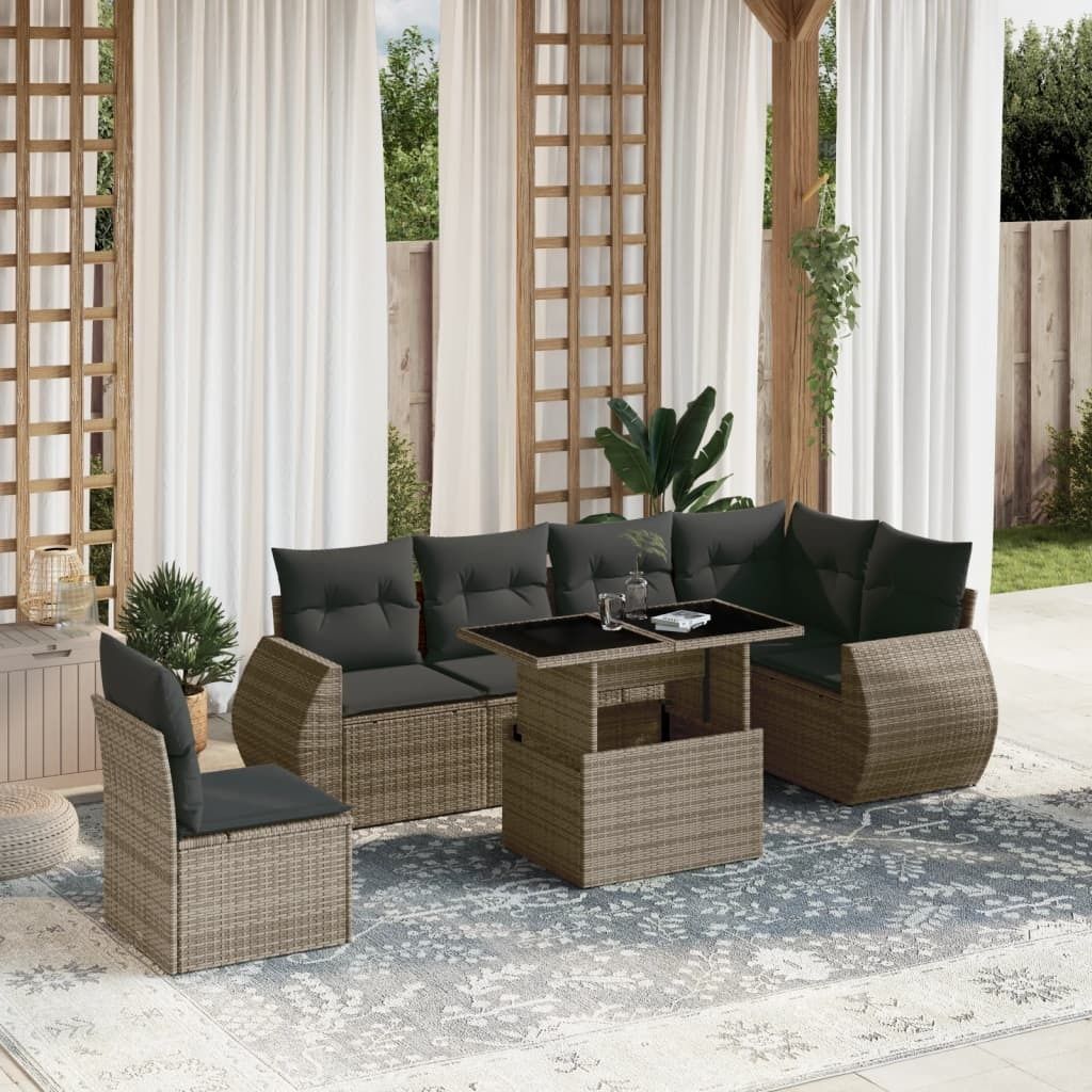 "2026 Promotion" 7-tlg. Garten-Sofagarnitur/Terrassenmöbel - mit Kissen - Grau Poly Rattan - Gartenmöbelset CC13215