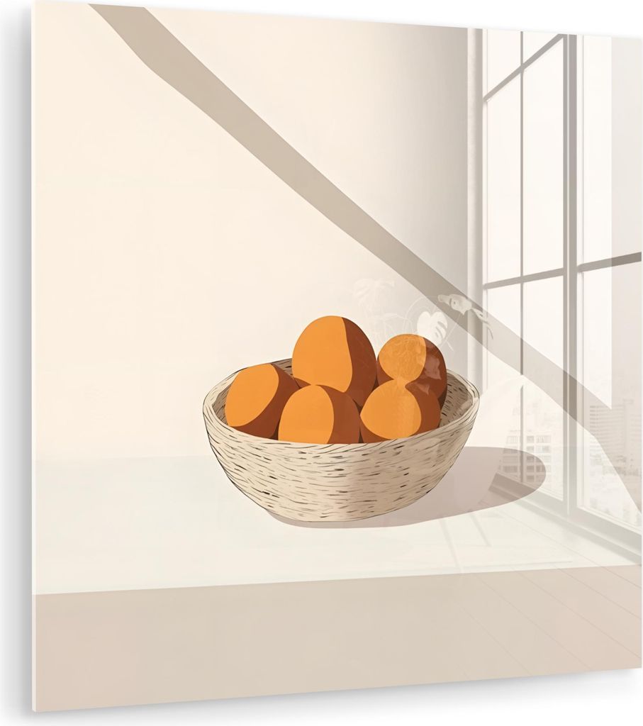 MuchoWow Glasbilder - Bilder auf Wandbild - Foto auf Glas Korb - Obst - Minimalistisch - Orange 30x30 cm Wanddekoration aus Glas - Acrylglasbild - ...
