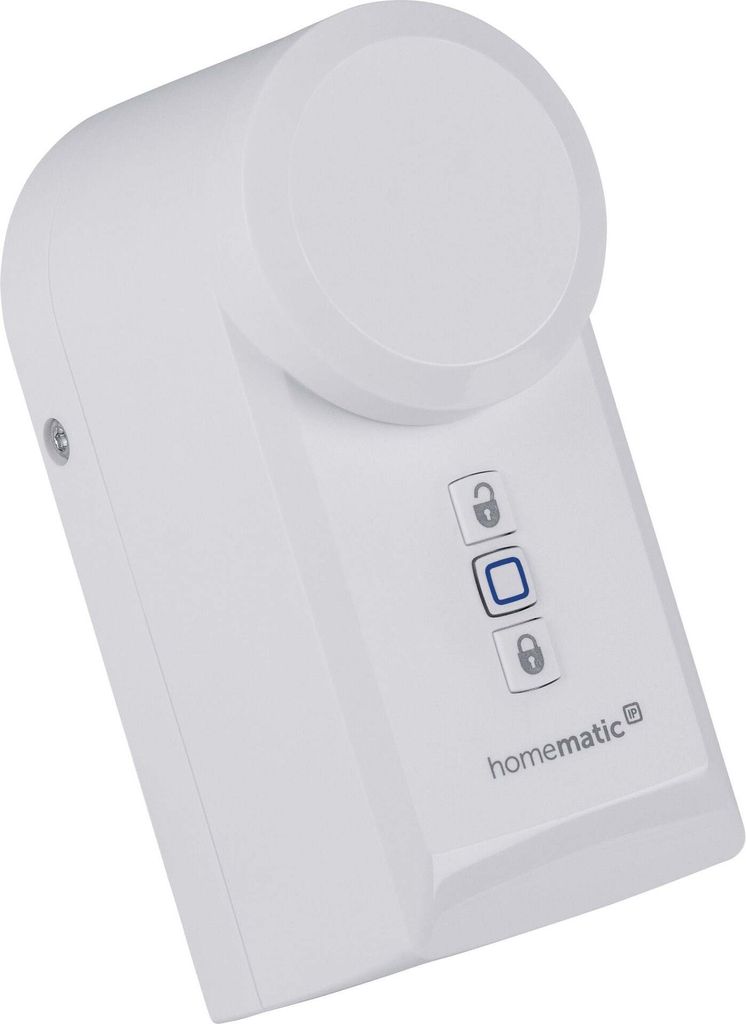 A white electronic device with buttons and a circular top, presented against a white background.