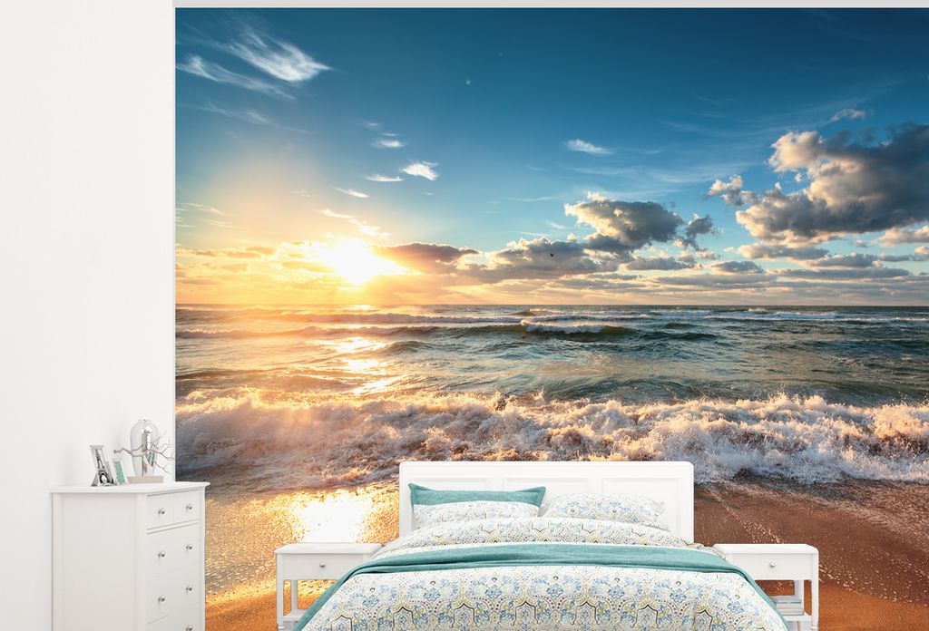 MuchoWow Fototapete für Wohnzimmer oder Schlafzimmer Wandtapete Vinyl Motivtapete Strand - Meer - Sonnenuntergang - 325x260 cm - Tapete