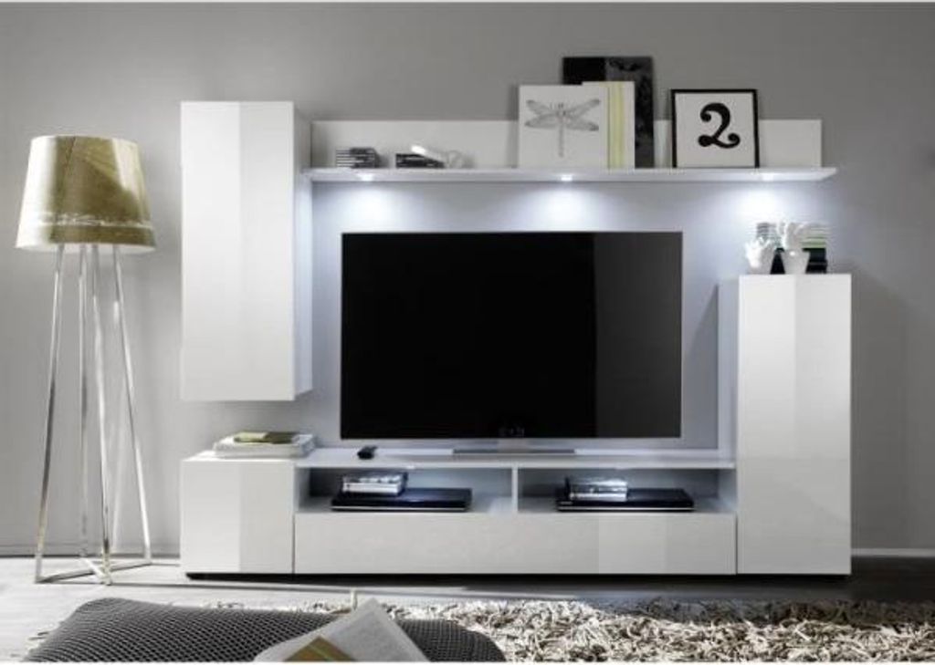 DOS TV-Schrankset – 3 Türen – LED – mattes und glänzendes weißes Melamin – 208 x 33 x 165 cm