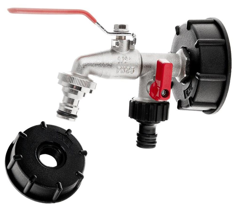 Garronda IBC Doppelhahn Set S60x6 1/2 Zoll mit 2x 3/4 Zoll Ausgang und 2 Nippeln für Schnellkupplung Wasserverteiler für IBC Tank Garten und Bew...