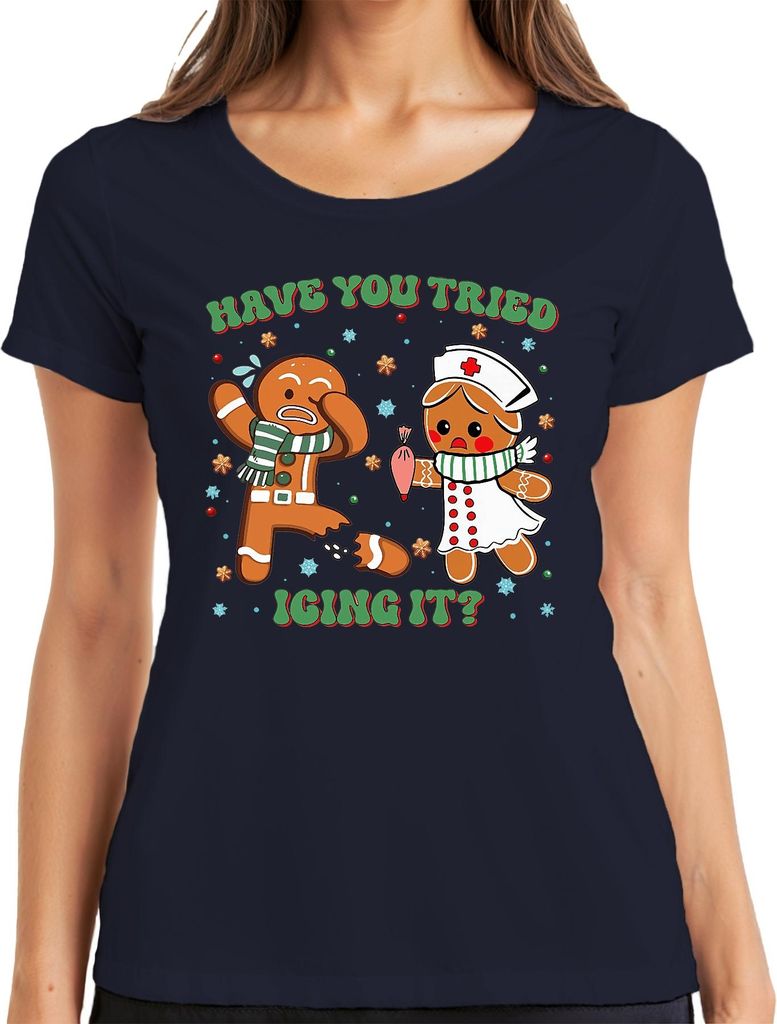 Christmas Gingerbread Nurse Cookie Have You Tried Icing It Damen T-Shirt, Navy, L