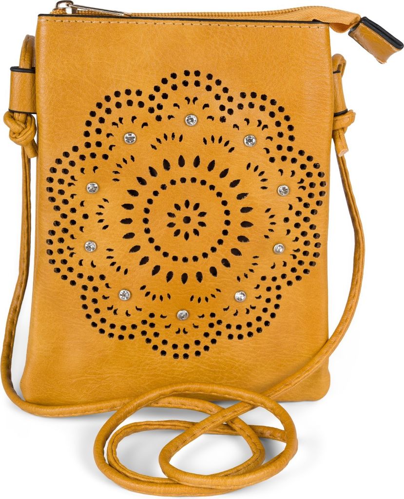 styleBREAKER Damen Mini Umhängetasche mit Blumen Lasercut Cutout Muster und Strass | kleine Crossbody Bag Schultertasche Handytasche 14,5 x 19 cm