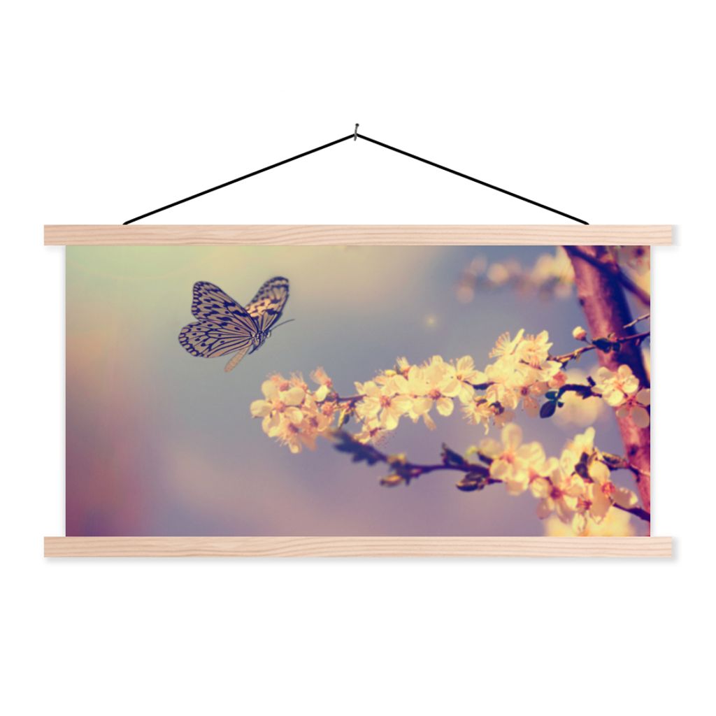 MuchoWow Textilposter Schmetterlinge - Blüte - Zweig - Baum 120x60 cm mit holzfarbenen Rahmen - Klemmleiste
