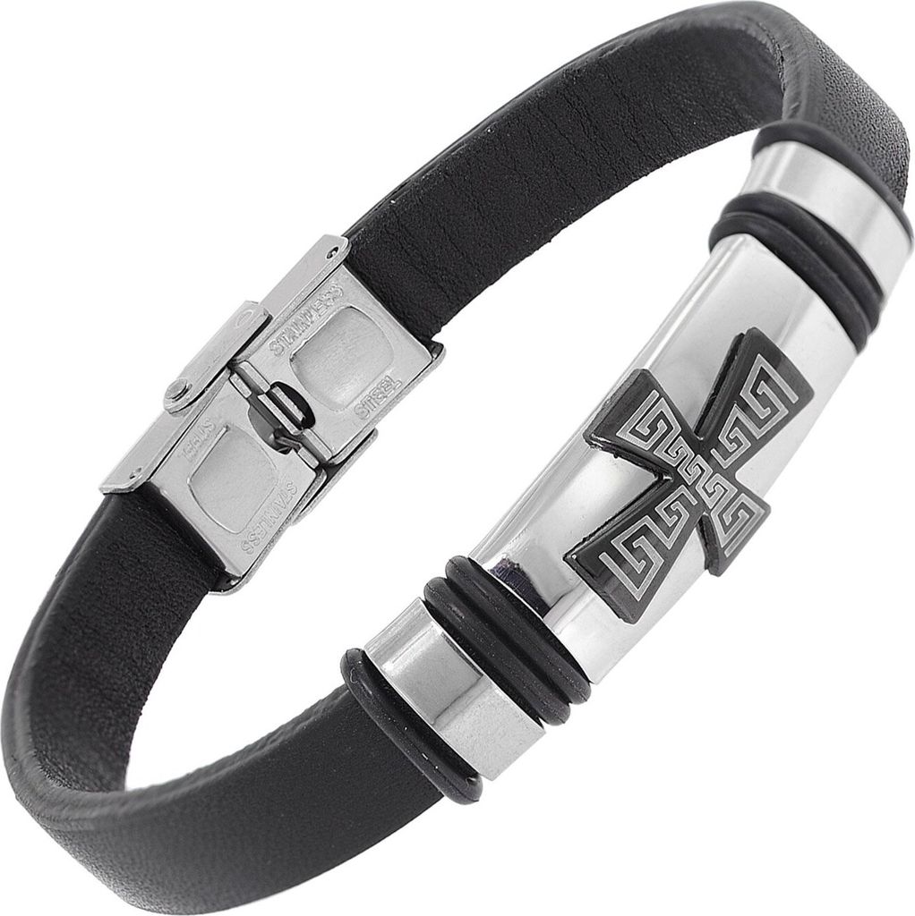 trendor 75801 Herren Leder-Armband Schwarz mit Kreuz 1