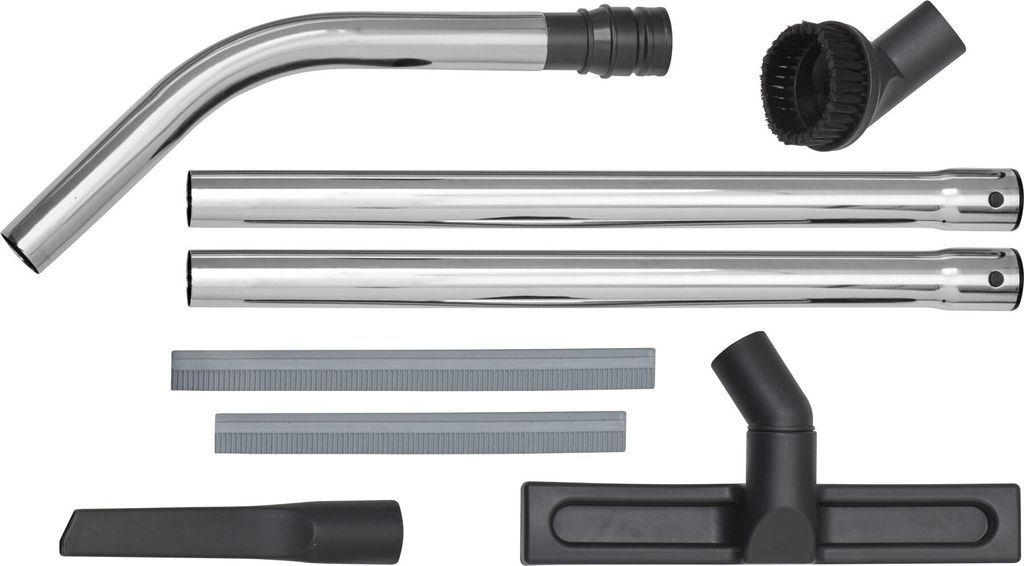 A collection of vacuum cleaner accessories laid out on a white background.