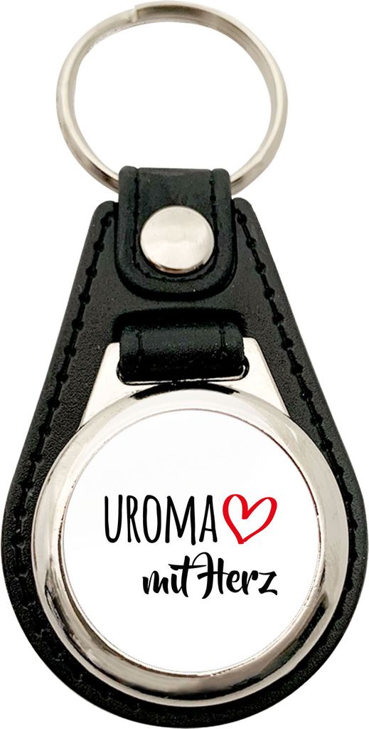 Huuraa Anhänger Uroma mit Herz Geschenk Metall mit Kunstleder Einkaufswagenlöser Uroma Präsent