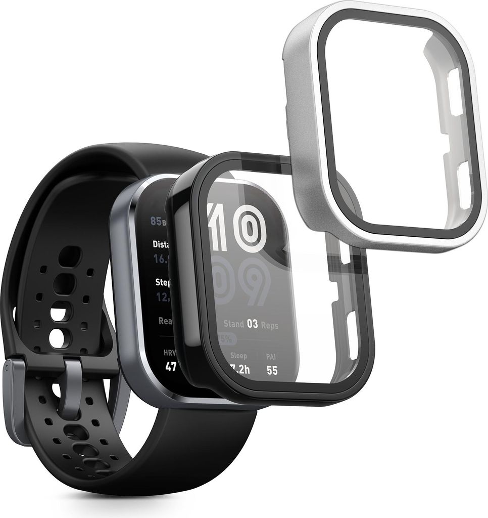 kwmobile 2x Glas Hülle für Amazfit Bip 6 Schutzhülle - Fullbody Fitnesstracker Case Set aus Glas - Schwarz Silber