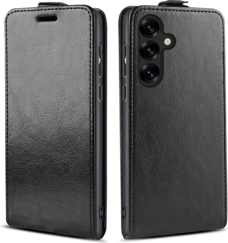 A black leather flip case for a smartphone is shown from two angles.