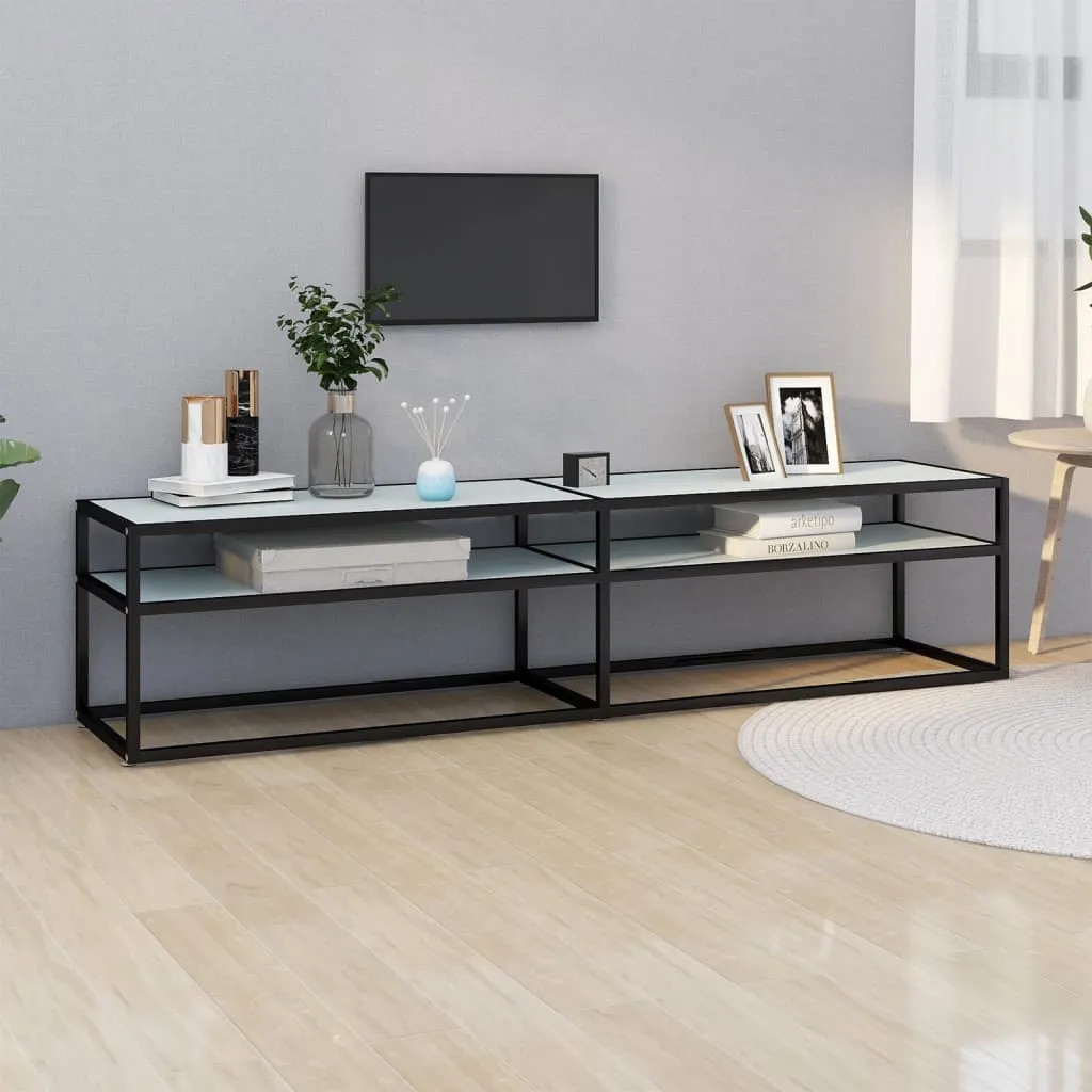 Banc TV blanc marbré 180 cm The Living Store avec plateau en verre trempé