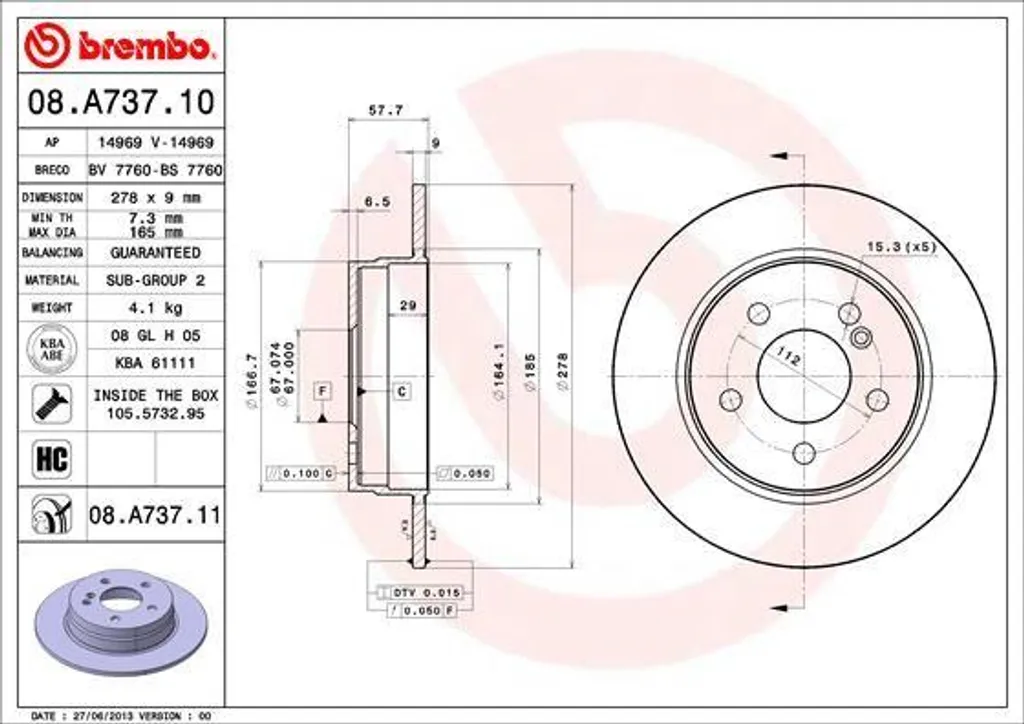 Disque de frein de rechange Brembo 08.A737.11 Mercedes Classe C Berline