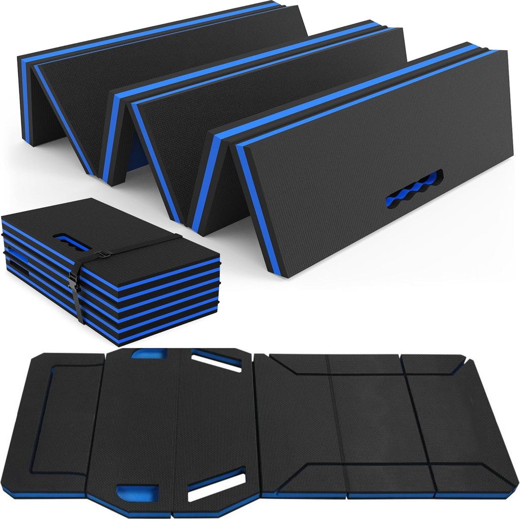 A collage of images showing a foldable mechanic's mat in various states of use and storage.