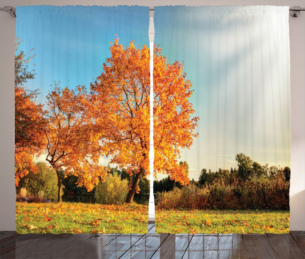ABAKUHAUS Natur Rustikaler Gardine, Ahorn-Baum im Herbst, Schlafzimmer Kräuselband Vorhang mit Schlaufen und Haken, 280 x 245 cm, Orange Blue