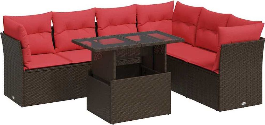 vidaXL 7-tlg. Garten-Sofagarnitur mit Kissen Braun Poly Rattan Akazie