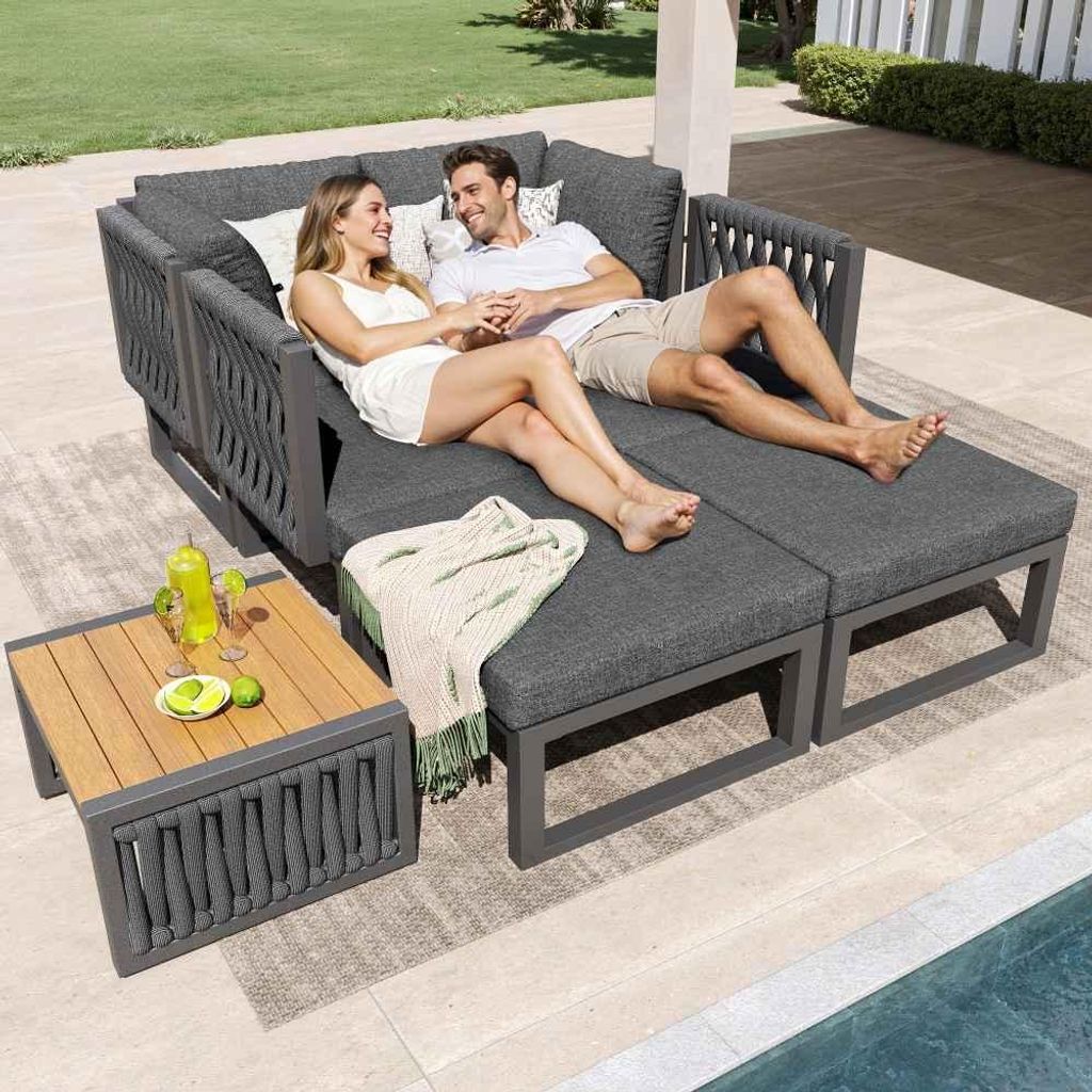 6-Personen Gartenmöbel Set mit verstellbarer Rückenlehne, komfortablen Sitz- und Rückenkissen, Doppelsonnenliege, Outdoor Loungesessel, Farbe Grau