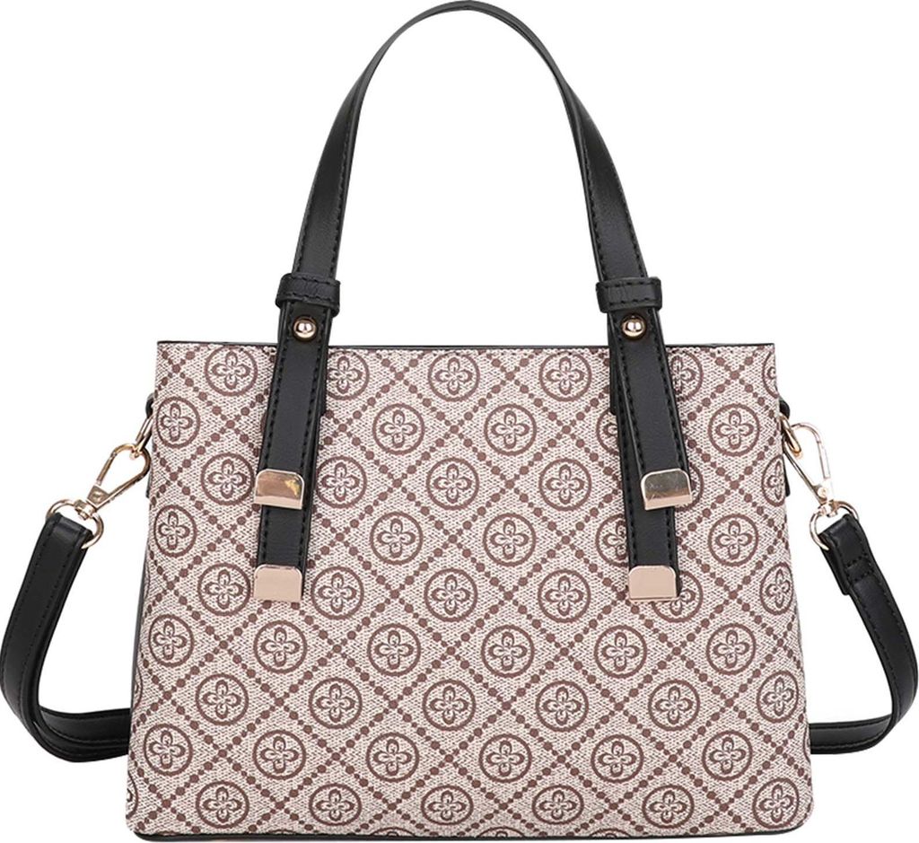 Gallantry, Bedruckte Damen Handtasche mit Monogramm Muster, Taupe / Schwarz