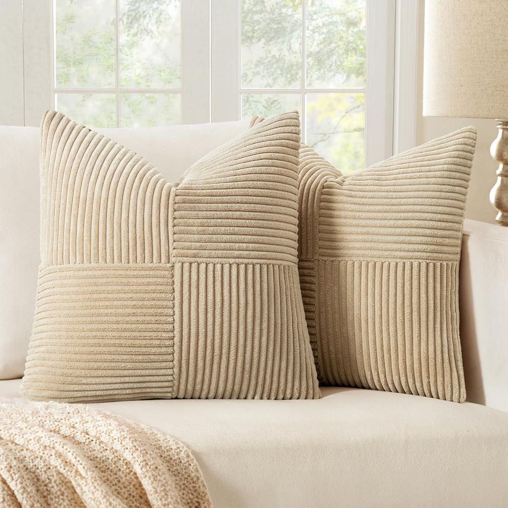 Set mit 2 Kissenbezügen 50x50cm aus cremefarbenem Rippcord für Sofa, Dekokissen, Boho-Sofakissen, dekorative Kissenbezüge