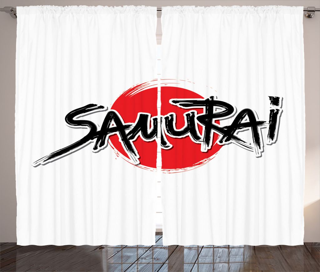 ABAKUHAUS japanisch Rustikaler Gardine, Samurai-Beschriftung Sun, Schlafzimmer Kräuselband Vorhang mit Schlaufen und Haken, 280 x 245 cm, Schwarz Rot