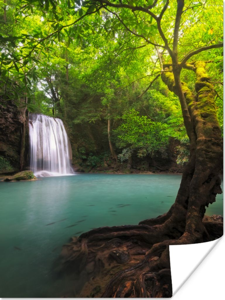 MuchoWow Poster Das azurblaue Wasser mit einem Wasserfall im thailändischen Erawan-Nationalpark 120x160 cm - Wandbilder