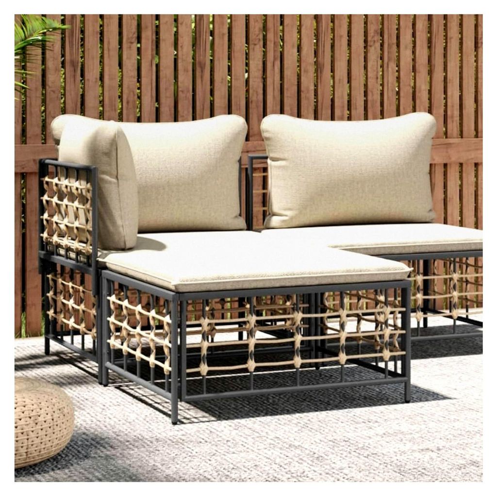 Gartenhocker mit beigem Kissen, Poly Rattan, 70x70x34 cm, Anthrazit, wetterfest, für Garten und Terrasse, modulares Design, belastbar bis 110 kg