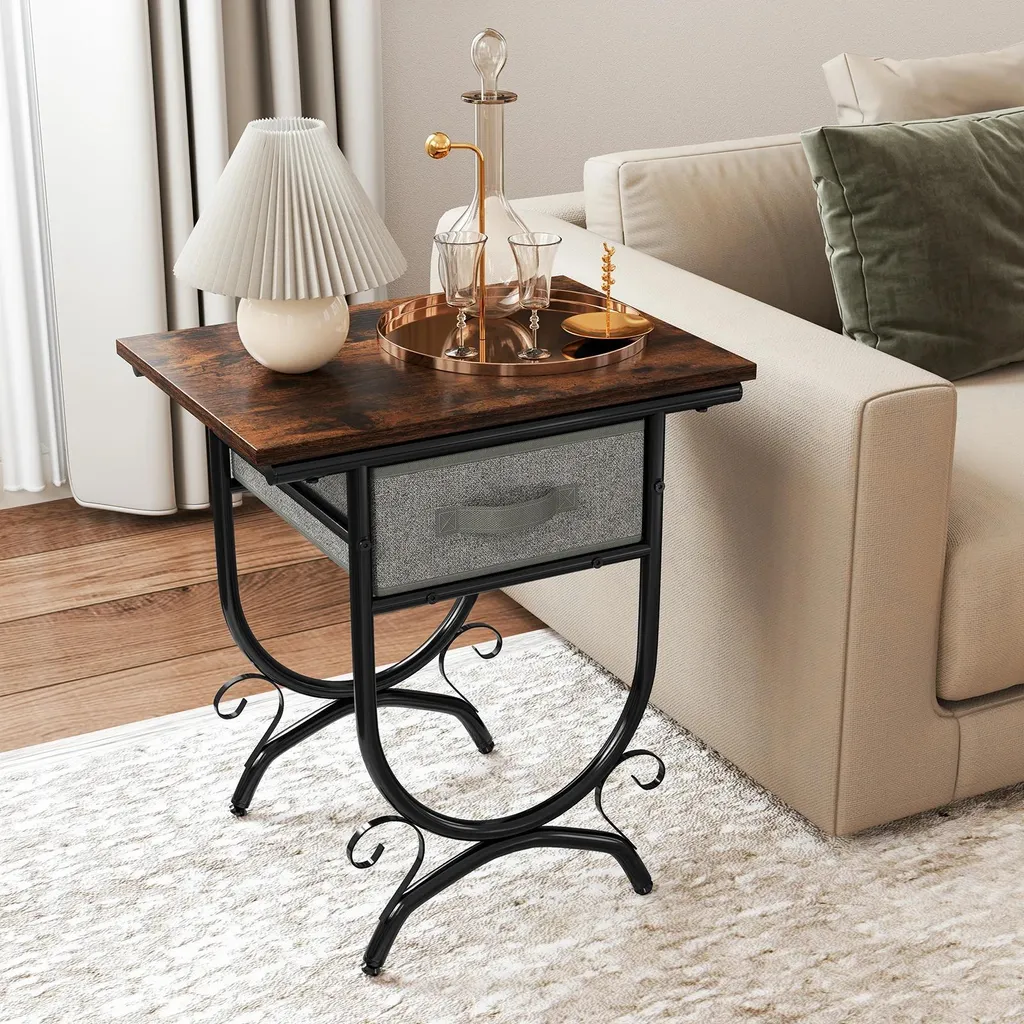 Petite Table d'Appoint Industrielle avec Tiroir et Tablette en Bois