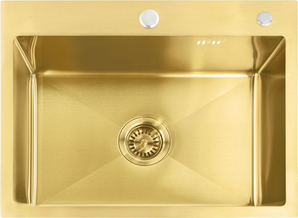 A top-down view of a gold sink with a drain.
