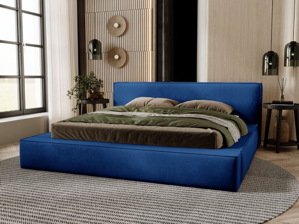 GRAINGOLD Exklusive Polsterbett 120x200 cm Armani premium - Designerbett mit Velvet Stoff, Bettkasten & Lattenrost - Blau (Amon 7)