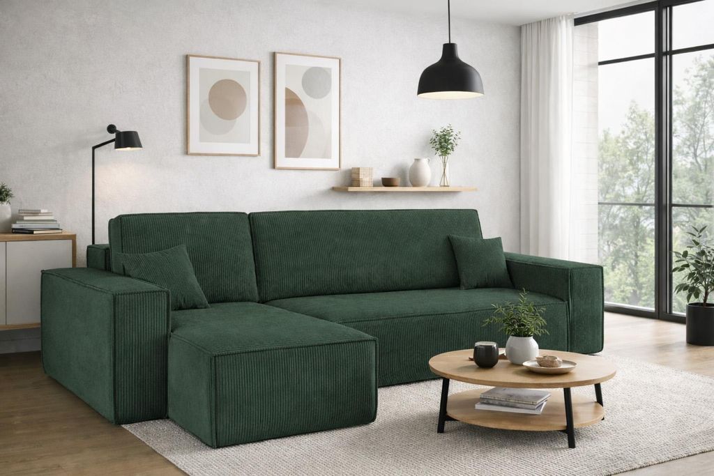 Kaiser Möbel Ecksofa mit schlaffunktion und bettkasten, Sofa L-form, Couch L-form BEST Poso Dicker Cord Grün Links