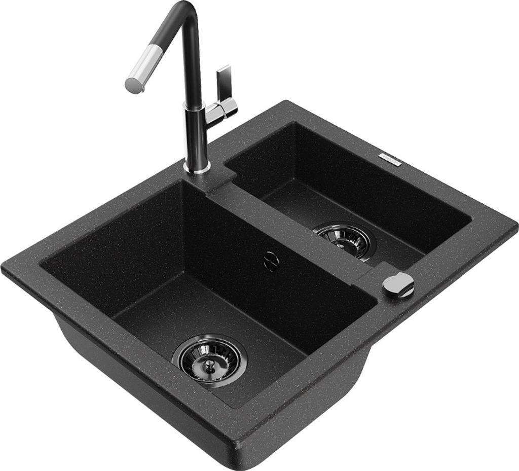 Mexen Carlos 1,5-Becken-Granitspüle mit Mischbatterie Flora, Schwarz/Silbermetallic - 6518-73-670401-07-B