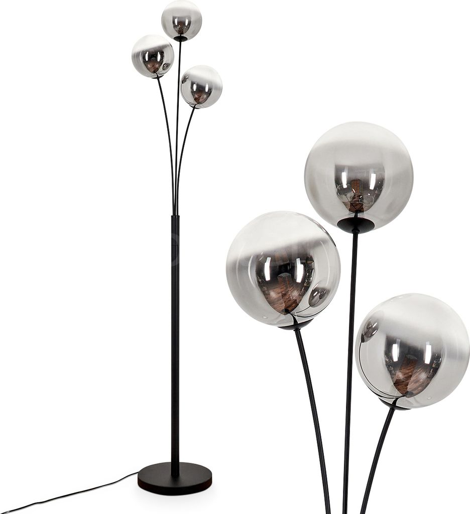 Lerici Stehlampe aus Metall/Glas in Schwarz/Rauchfarben/Klar