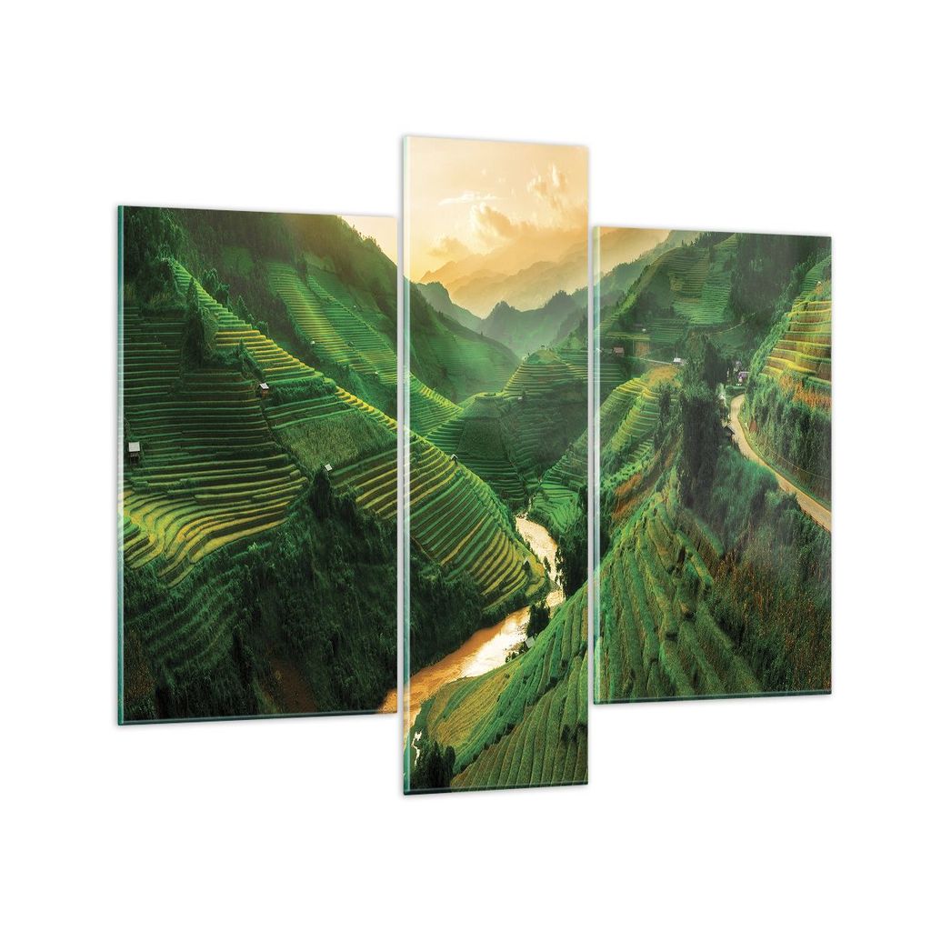 Bilder auf glas - 3 Teile - Klappe Reis Vietnam - 95x80cm - Glasbilder - Wandbilder - Bilder - zum Aufhängen bereit - Wanddekoration aus Glas - Gl...