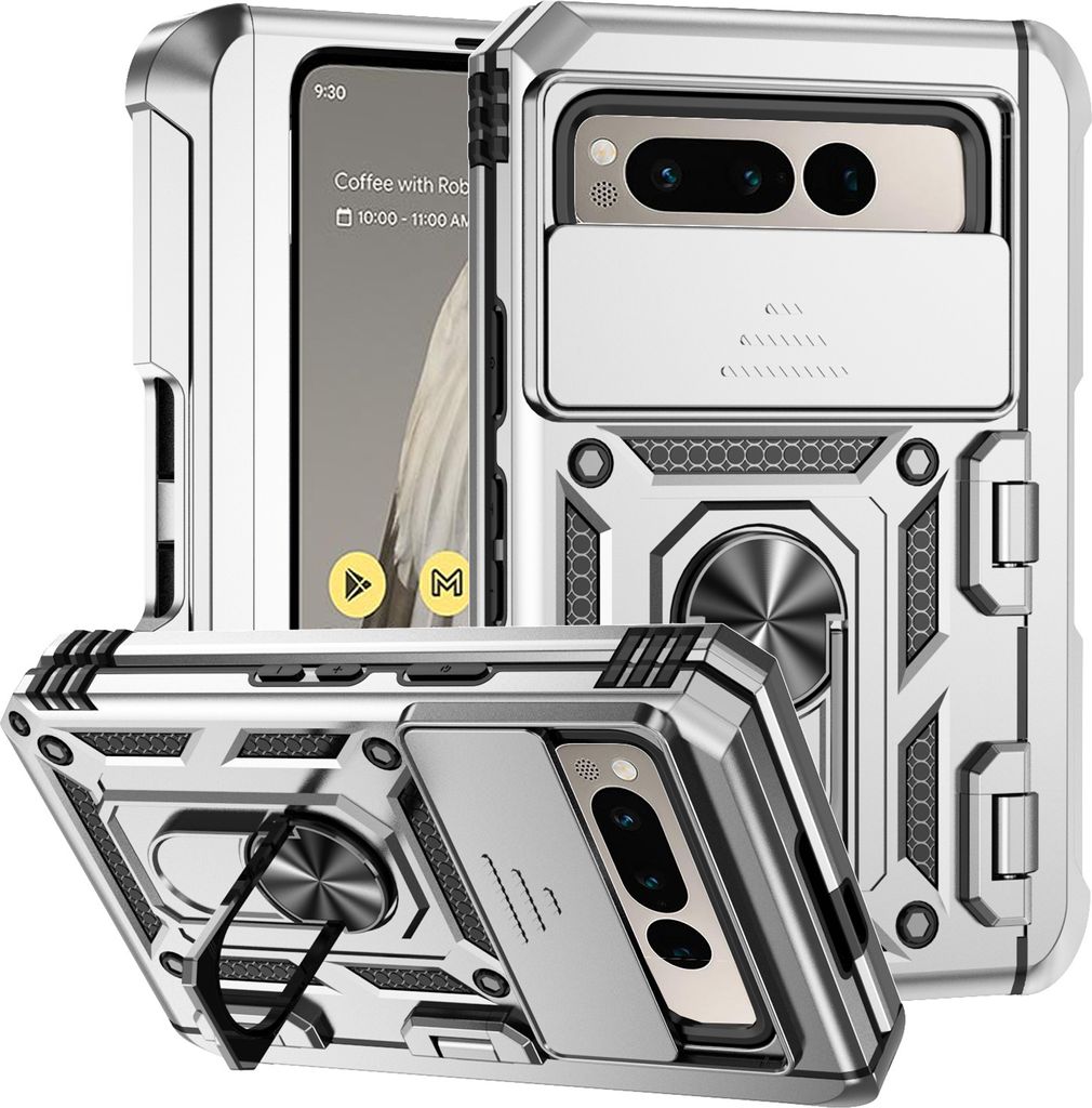 Google Pixel Fold Hülle mit Schiebe Kamera Schutz und Ringhalter Ständer Schutzhülle für Google Pixel Fold Silber