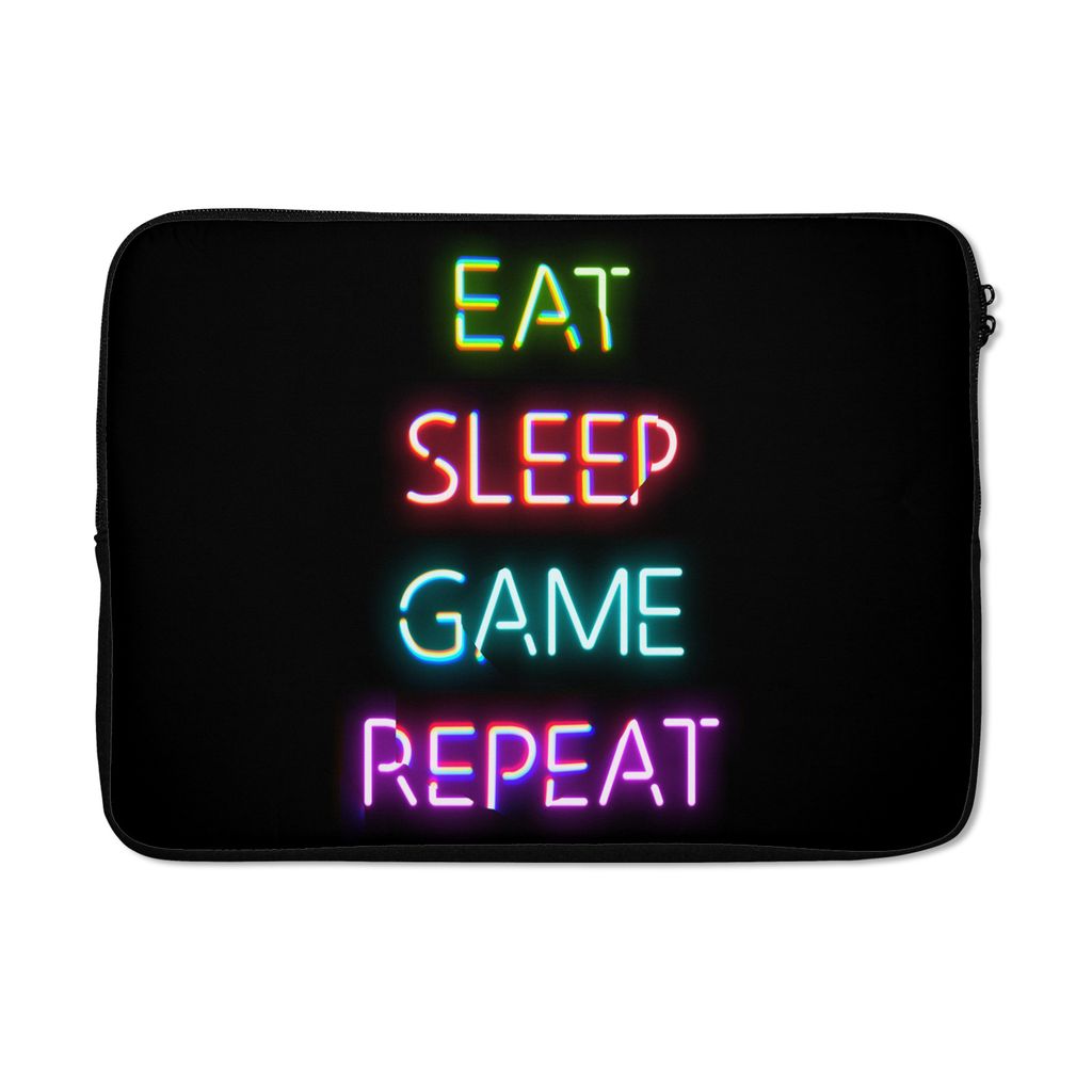 MuchoWow Laptop Hülle 13 Zoll Gaming - Led - Zitat - Eat sleep game repeat - Gaming Laptoptasche - Laptophülle - Sleeve - Rundumschutz - Coole ...