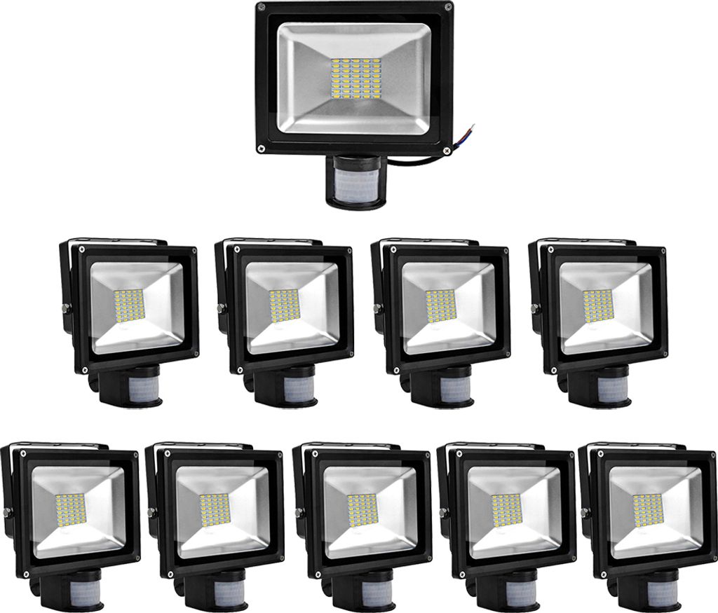 Greenmigo 10pcs 30W LED SMD Strahler Fluter Außen Flutlicht Strahler mit PIR Bewegungsmelder Fluter Wasserdicht IP65 Aluminiumkörper Schwarz Warm...