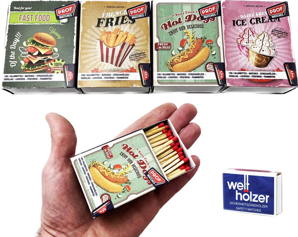 jameitop 400 Stück Zünder = 4 Pack Retro USA Vintage Werbung Streichholzschachteln 5,5 cm Deko Design Zündhölzer + 1 Pack Welthölzer
