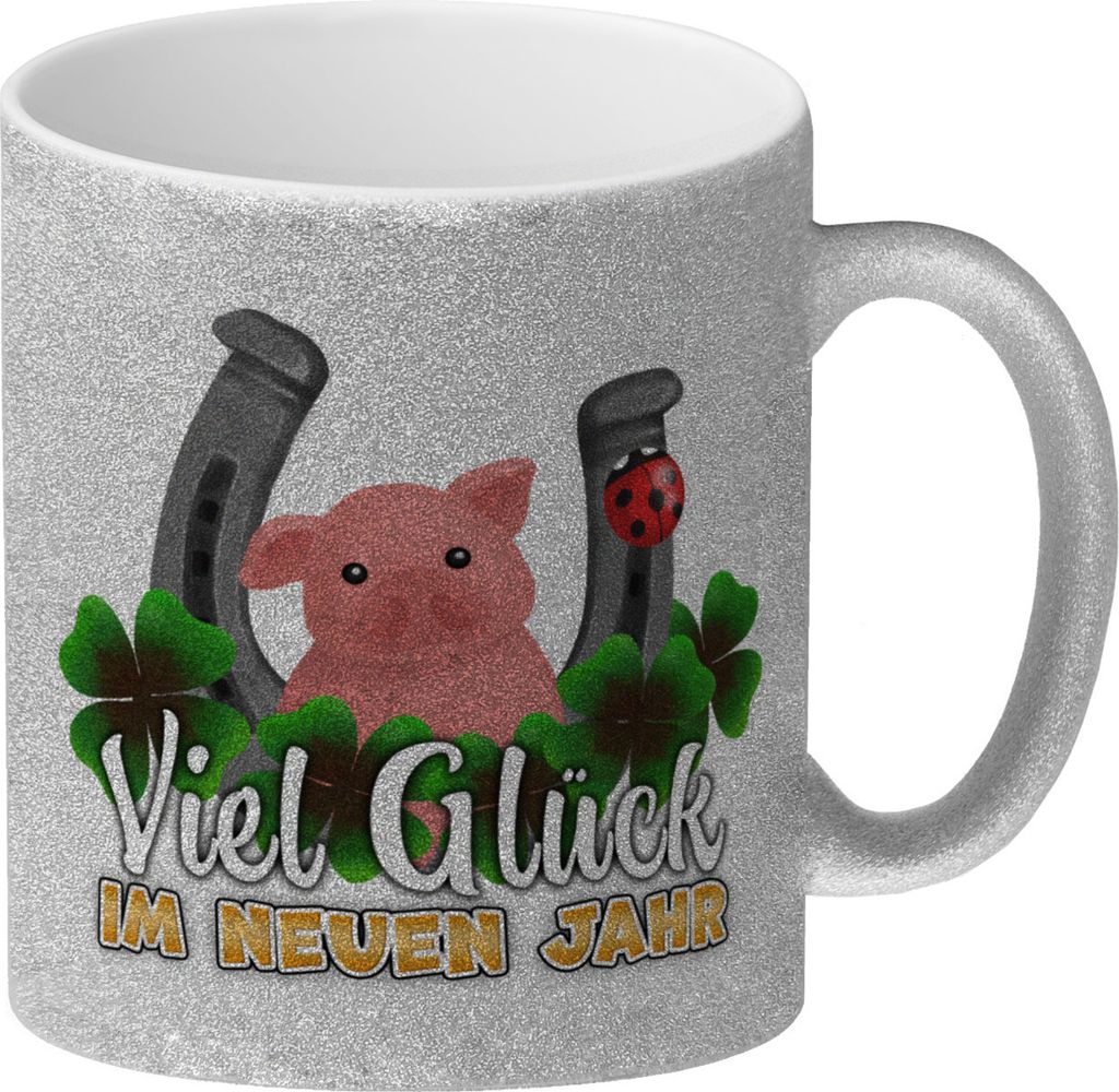 Viel Glück im neuen Jahr Glitzer-Kaffeebecher mit Glücksbringern